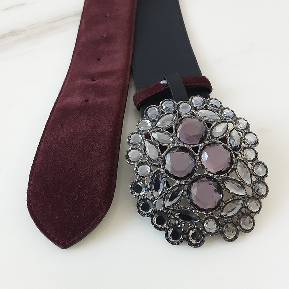 ABACO Paris Crystal Buckle Burgundy Suede Belt Made in France Sz L - Vtg - Picture 5 of 6